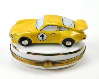 078 lot0040 Pierre Limoges France Yellow Sports Car Racing No 1 Porcelain Trinket Bo