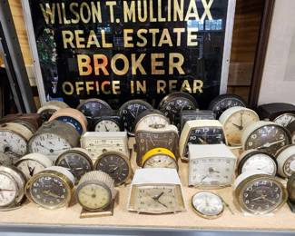 Vintage alarm clocks of all kinds. Multiple big ben clocks