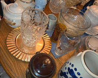 Cut Glass & Crystal Glassware: Fine cut crystal rose vase, cut glass punch bowls and serving bowls, crystal relish/candy dishes, glass decanters, and divided glass serving trays.