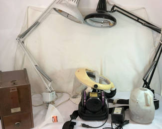 Lot 153: Lapidary Lot #4, Adjustable Desk Lamps, Respirator Mask Set, and Wooden Mill