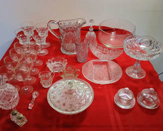 Lot 136: Assorted Crystal and Glass Serving Pieces and Stemware