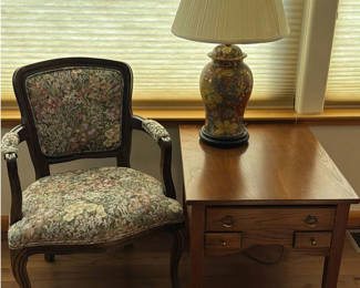 Lot 9: Tapestry Chair, End Table & Ceramic Lamp