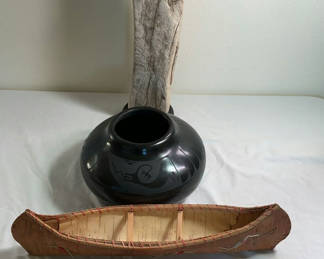 Lot 183: Pueblo Pottery, Canoe Model, and Wood Carving Collection