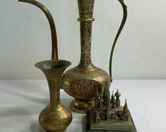 Lot 186: Decorative Brass Pitchers and Architectural Figurine