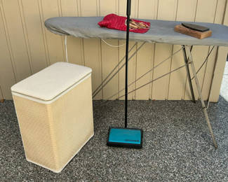 Lot 169: Vintage Ironing Board, Laundry Hamper, Sweeper, Clothespins, and Iron Rest