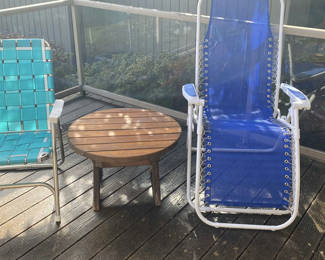 Lot 102: Lounging Patio Chair, Upright Chair and Cedar Table