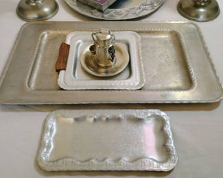 Lot 125: Assorted Norwegian Pewter Serving Trays, Plate, Candle Holders, and Serving Utensils
