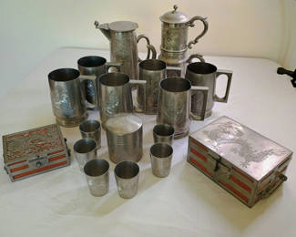 Lot 123: Antique Kut Hing Engraved Pewter Dragon Drinkware Set/Boxes
