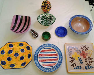 Lot 121: Assorted Hand-Painted Ceramic Plates, Bowls, and Decorative Pottery