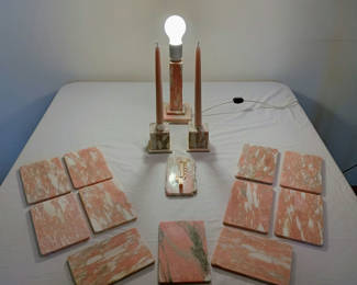 Lot 137: Pink Marble Bread Plates with Marble Lamp and Holders