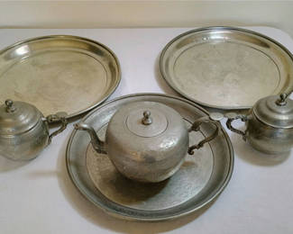 Lot 126: Antique Kut HIng Swatow Pewter Tea Set, trays