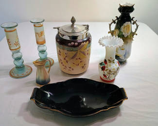 Lot 134: Antique Painted glass and ceramics
