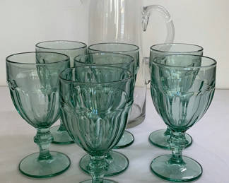 Lot 64: Glass Pitcher With Teal stemmed Water Glasses
