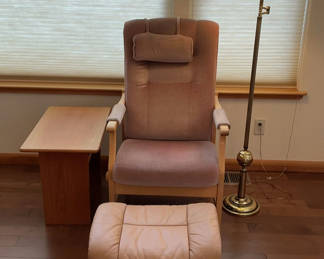 Lot 184: Ekornes ottoman, Danish Magazine side table, ArmChair, Floor Lamp.