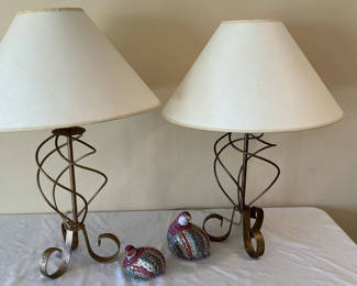 Lot 8: Two Brass Twirly base Lamps & Porcelain Quail figurines.