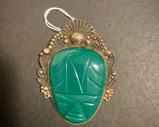 925 Carved Green Onyx Brooch Large