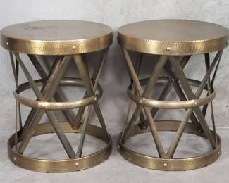 121 295 Pair of vintage brass tone metal drum tables