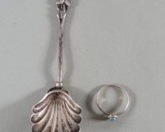 358 Silver 835 spoon, Silver and turquoise ring