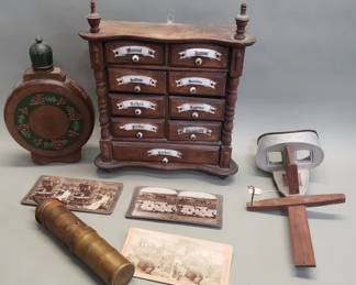 302 Antique wood spice cabinet, brass pepper grinder