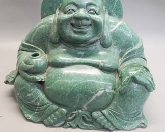 489 Vintage green stone laughing Buddha sculpture