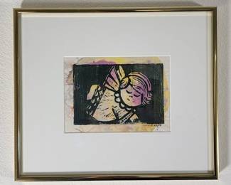 355h Vintage Bea Gandolfo linoblock on rice paper