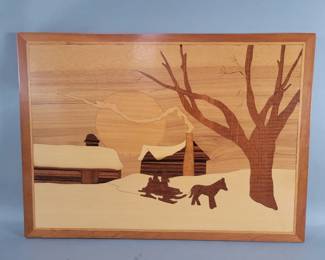 106 Vintage hand crafted wood marquetry wall plaque