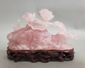 562 Carved pink rose quartz Koi sculpture