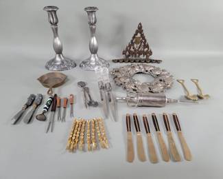 349 Pewter candlesticks, crystal handle letter