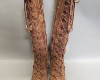 099 488 Burberry suede lace up wedge knee high boots