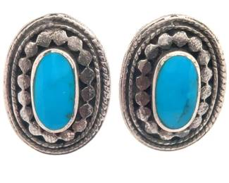 Estate Oval Turquoise Twisted Rope Navajo Earrings