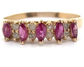 Estate 1 Carat Natural Ruby & Diamond Marquise Cluster Ring in 14k Yellow Gold