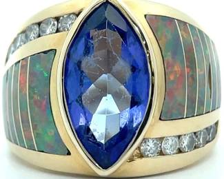 KABANA ESTATE 4.20ctw Natural Opal Inlay, Tanzanite & Diamond Bezel Ring in 14k Yellow Gold