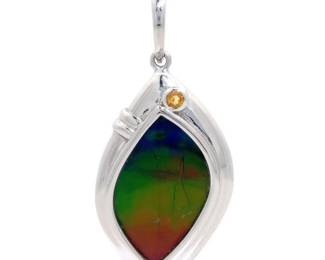 Very Rare High-End Estate Ammolite Citrine Doublet Pendant Necklace in 18k White Gold