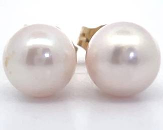Estate Light Pink-White Cultured Pearl Stud Earrings in 14k Yellow Gold