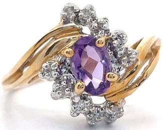 Estate Natural Amethyst & Natural Diamond Cluster Waterfall Ring in 14k Yellow Gold