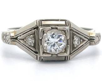 0.42 Carat Natural Diamond Old European Cut Three-Stone Estate Ring in 18k White Gold