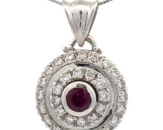 Estate 1.40 Carat Natural Ruby & Natural Diamond Pendant Necklace in 14k White Gold
