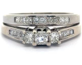 0.90 Carat Natural Diamond Princess Cut 2-Piece Bridal Set in 14k White Gold