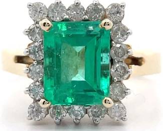 Estate Custom Made 2.20 Carat Natural Emerald & Diamond Split Shank Ring in 14k Yellow Gold