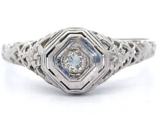 Estate Natural Diamond Square Bezel Ring in 18k White Gold