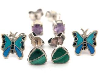 Estate 3-Piece Stud Earrings Set! Malachite, Enamel & Natural Amethyst Stud Earrings Bundle!