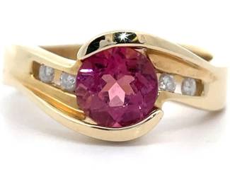Estate Natural Pink Tourmaline & Diamond Swirling Bypass Channel Ring in 14k Yellow Gold