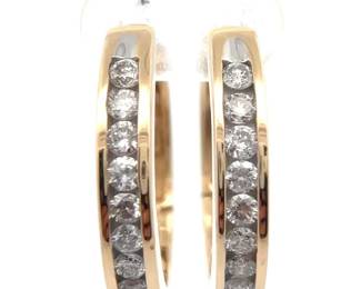 1 Carat Natural Diamond Oblong Channel Hoop Earrings in 14k Yellow Gold