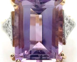 Large 9.70 Carat Natural Amethyst Emerald Cut & Diamond Pavé Ring in 14k Yellow Gold