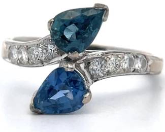 Estate Vine & Leaf 1.40 Carat Natural Blue Sapphire & Diamond Bypass Ring in White Gold