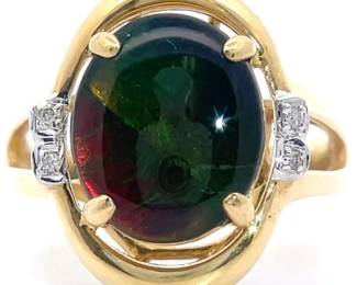 Estate 7 Carat Very Rare Ammolite & Diamond Halo Ring in 14k Yellow Gold