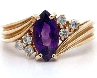 Marquise Natural Amethyst & Diamond Scalloped Cluster Ring in 14k Yellow Gold