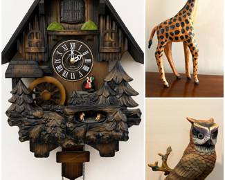 a vintage wooden cuckoo clock that resembles a Citizen Sound & Motion Cuckoo Clock (Model 4MJ659). a Vintage Leather Wrapped Giraffe Figurine, and a vintage hand-painted owl figurine.