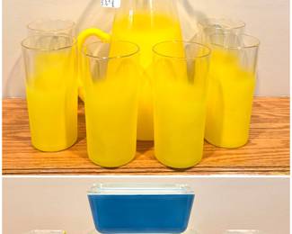 A set of vintage mid-century modern frosted yellow Blendo glass pitcher and tumbler set made by West Virginia Glass. And a set of a vintage "fridgies” Pyrex Primary Colors Refrigerator Dish Set.