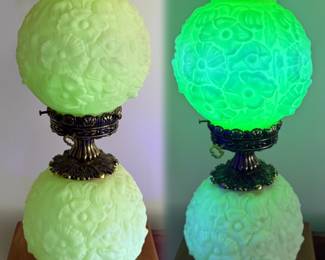 Vintage Fenton Uranium Green Satin Poppy Gone with the Wind hurricane table lamp